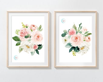 Conjunto de 2, Arte Floral Acuarela Blush, 5x7, 8x10, 11x14, 16x20 Tamaños Incluidos, Arte Imprimible, Descargable