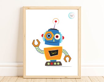 Robot | Blue| Orange | Printable Art | Digital Download | 5x7, 8x10, 11x14, 16x20, Size | Nursery | Toddler | Bedroom | Playroom | Wall Art