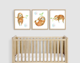 Set of 3, Watercolor Sloth, Nursery Art, 5x7, 8x10, 11x14, 16x20 Sizes Included, Printable Art, Downloadable