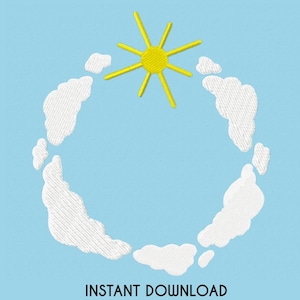 Sun & Clouds Machine Embroidery File. 4 Sizes in PES, DST, JEF, etc. Sunny Day Monogram Wreath. Sunshine Circle Frame. Cute Instant Download