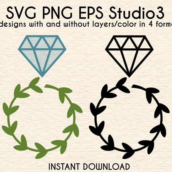 Diamond Ring Wreath Cut File Set. svg png eps studio3 Files for Silhouette Cricut Cutters. Laurel Frame Engagement Design.Instant Download