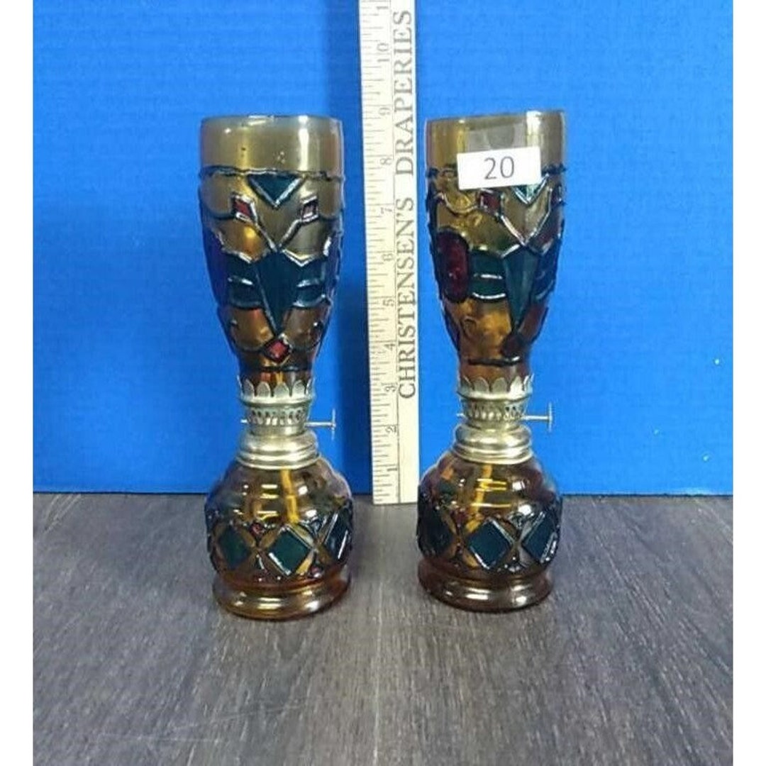 Pair of Oil Lamps, Sail Boat Brand Stained Glass 1960's Retro Vintage