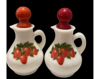 Avon Milk Glass Bath Foam Pitchers- Strawberries and Cream set of 2