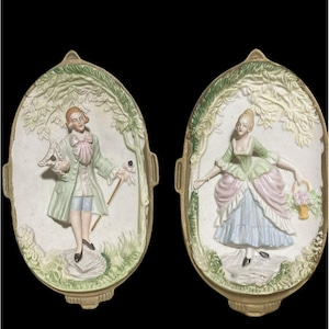 pair of Chase victorian couple hand painted occupied japan ceramic wall plaques