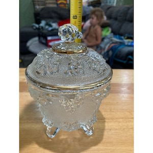 Glass Candy Dish with Lid, Footed Grape and Vine Design Candy Bowl