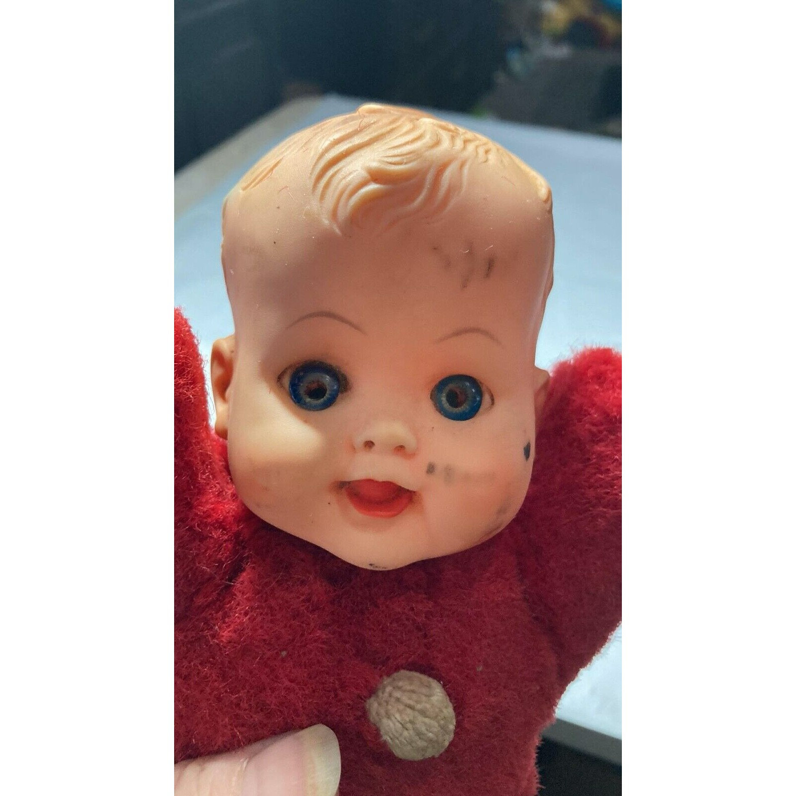 Vintage Toy Doll Plastic Head Red Cloth Body Baby Small 8.5