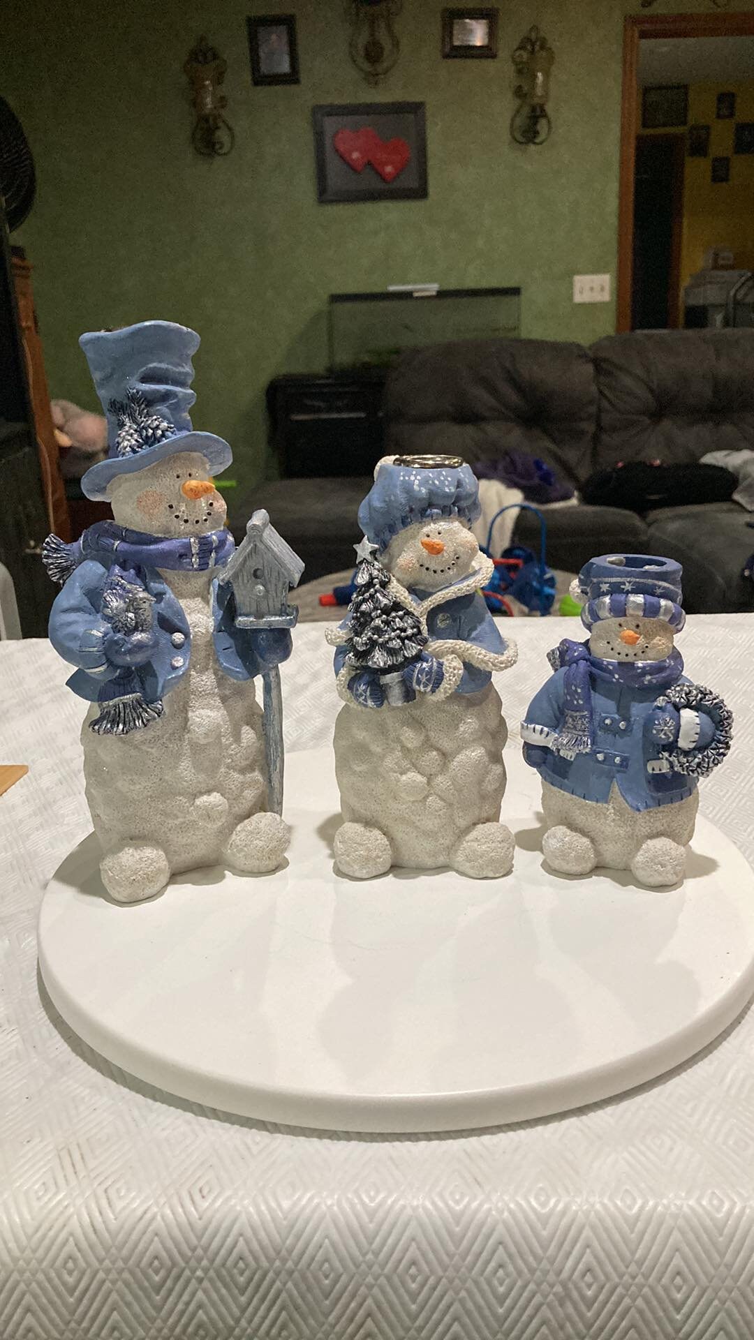 Blue and White Snowman Family Candle Stick Holders Etsy