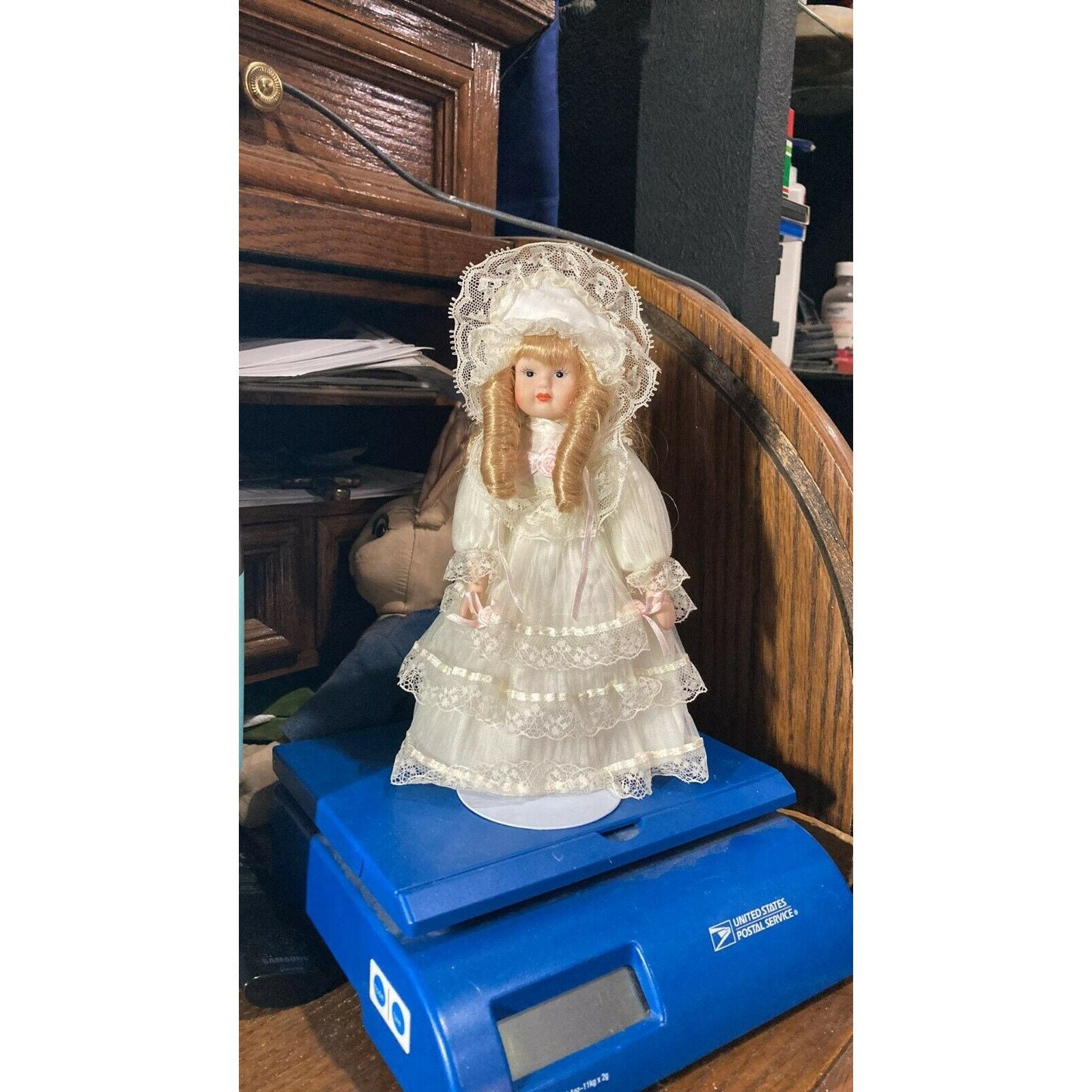 Vintage 8'' Porcelain Doll With Stand , Made in China, White