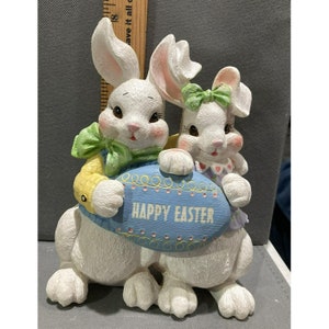 rabbit pair holding Happy Easter rock, 8&#39;&#39; tall