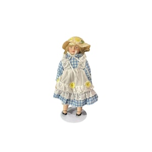 Vintage 8 &#39;&#39; Porzellanpuppe mit Ständer, made in China, blau-weißes Kleid