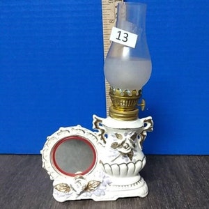 Vtg  Flower Gold Ceramic Miniature Oil Lamp Mirror Handled Brass Burner