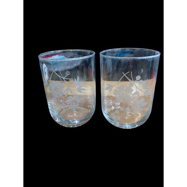 set of 2 vintage floral etched juice glasses