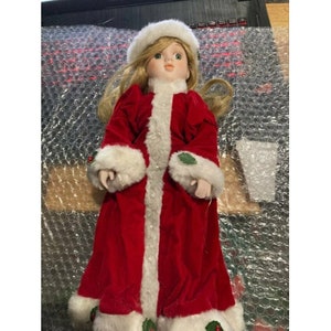 House of Lloyd Christmas Carol Doll 16&quot; With Red Santa Hat Coat Ceramic w/ Stand