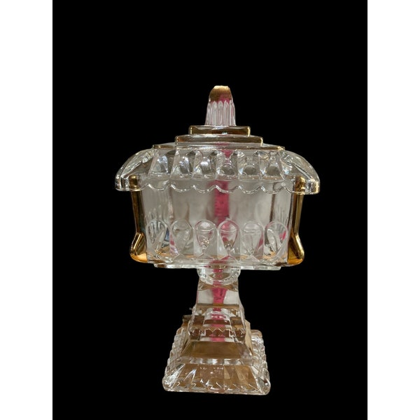 Vintage Clear Glass Square Pedestal Candy Dish W/ Lid and Gold Accents