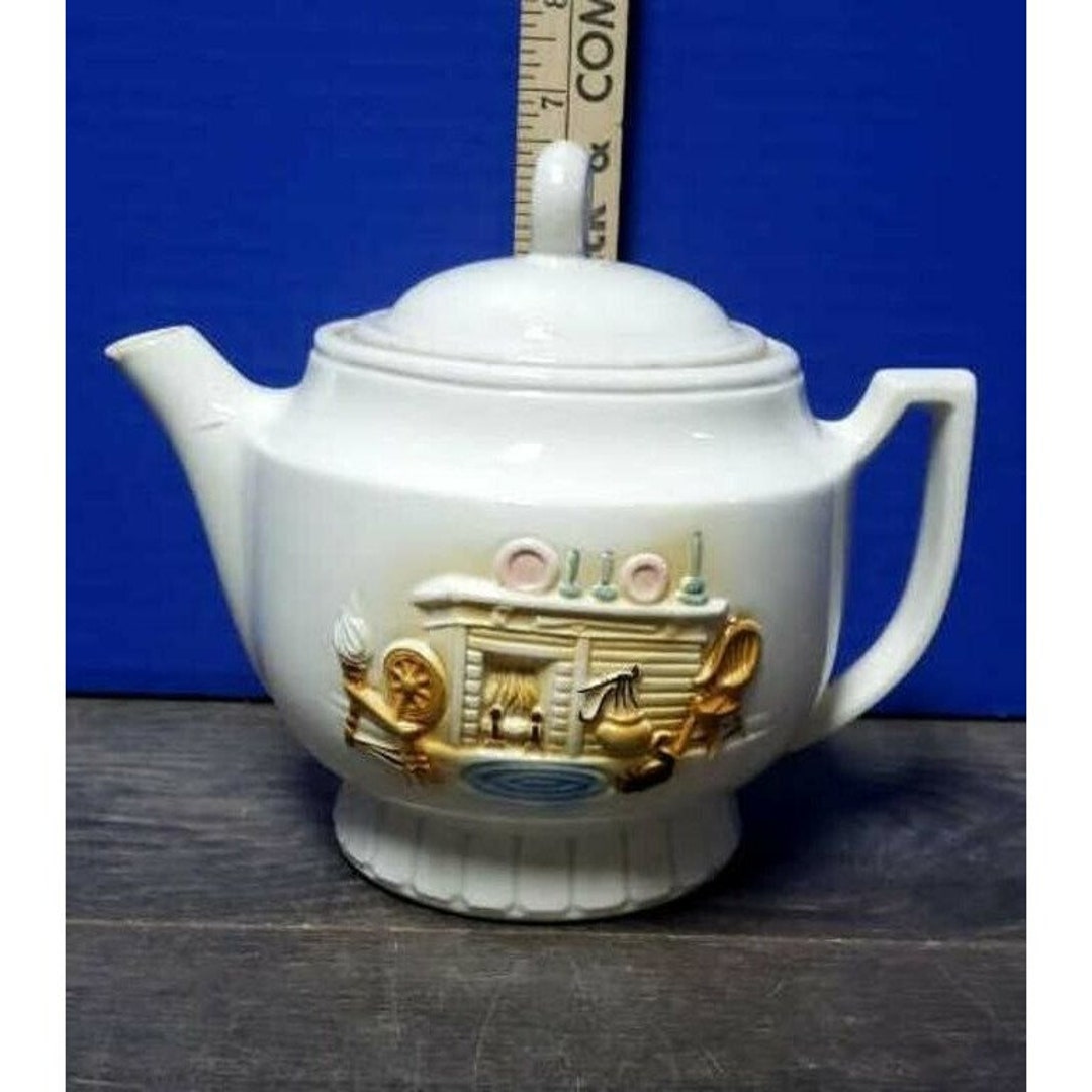 Vintage Porcelier Vitreous China Teapot Hearth Home Scene 8 Tall Made