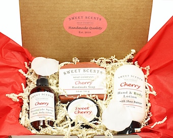 Cherry Scented Gift Box: Handmade Soap, Lotion, Scrub & Spray
