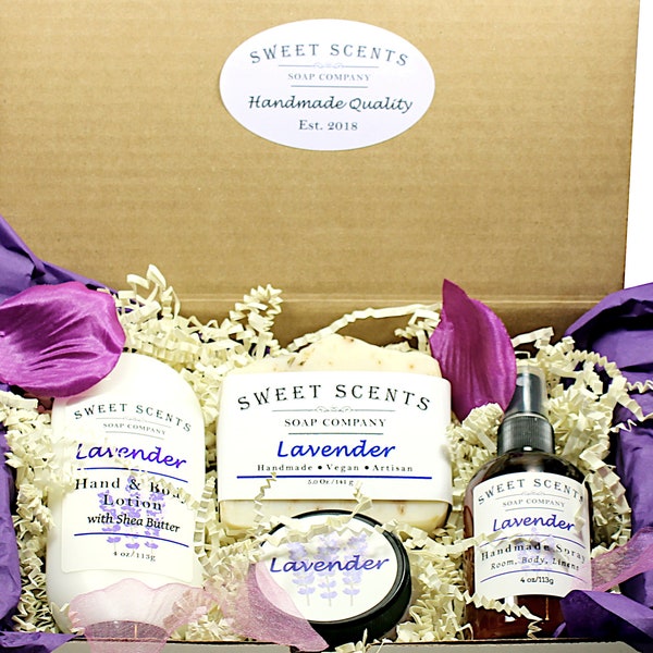 Lavender Spa Gift Box - Soap, Lotion, Sugar Scrub, Spray - Sweet Scents Soap Company