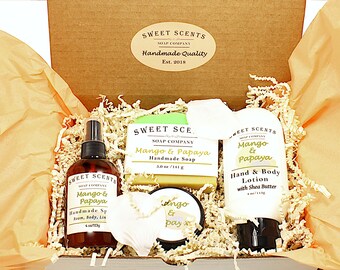 Mango & Papaya Spa Gift Box - Soap, Lotion, Sugar Scrub, Spray - Sweet Scents Soap Company