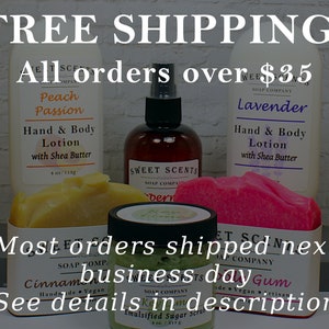 May include: A selection of Sweet Scents Soap Company products, including hand and body lotions, soaps, and an emulsified sugar scrub. The lotions are labelled "Peach Passion" and "Lavender." The image also features a spray bottle and bars of soap. Text on the image reads "FREE SHIPPING."