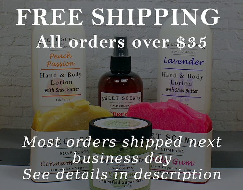 May include: A selection of Sweet Scents Soap Company products, including hand and body lotions, soaps, and an emulsified sugar scrub. The lotions are labelled "Peach Passion" and "Lavender." The image also features a spray bottle and bars of soap. Text on the image reads "FREE SHIPPING."