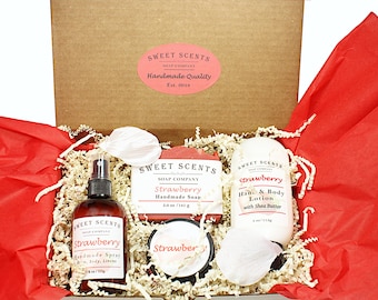 Strawberry Spa Gift Box - Soap, Lotion, Sugar Scrub, Spray - Sweet Scents Soap Company
