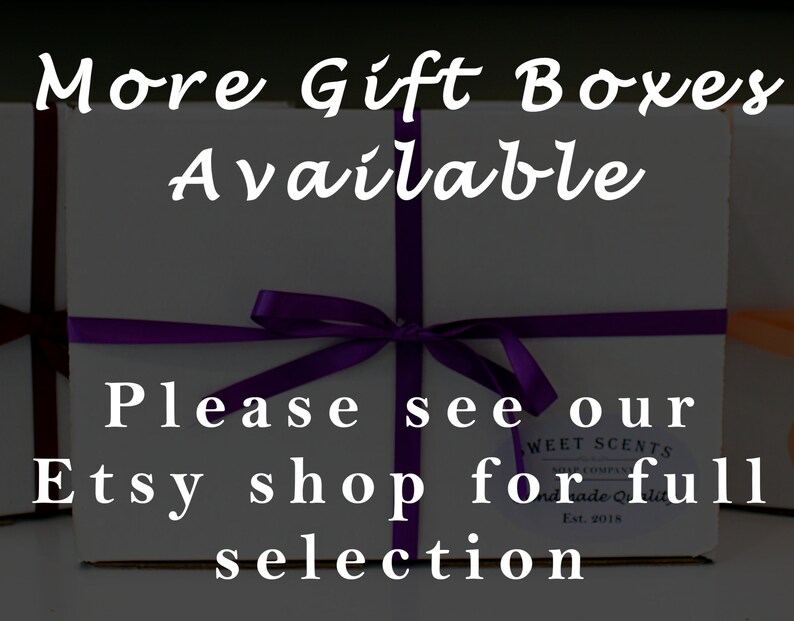 May include: Two white gift boxes tied with purple ribbon. The top box has the text "More Gift Boxes Available" and the bottom box has the text "Please see our Etsy shop for full selection".