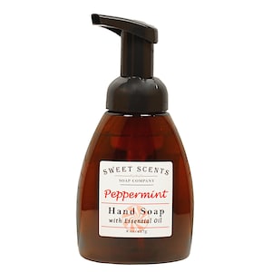 May include: A brown bottle of peppermint hand soap with a black pump dispenser. The label reads "Sweet Scents Soap Company Peppermint Hand Soap with Essential Oil 8 oz/237 ml".