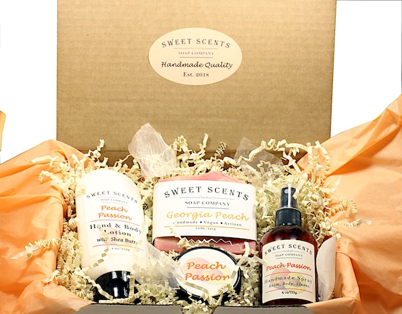 Peach Spa Gift Box - Soap, Lotion, Sugar Scrub, Spray - Sweet Scents Soap Company