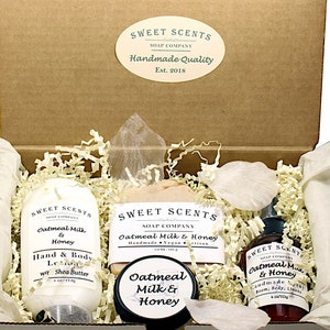 Oatmeal Milk & Honey Spa Gift Box - Soap, Lotion, Sugar Scrub, Spray - Sweet Scents Soap Company