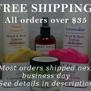 May include: A variety of handmade bath and body products, including lotion, soap, and sugar scrub. The products are arranged on a white brick background. The text "FREE SHIPPING All orders over $35" is displayed at the top of the image. The text "Most orders shipped next business day" is displayed at the bottom of the image.