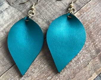 Turquoise Leather Leaf Earrings