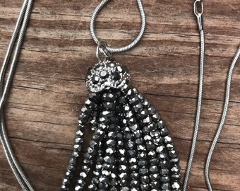 Gray Rhinestone Tassel Necklace