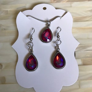 Dark Pink Rhinestone Teardrop Earrings & Pendant Set