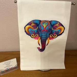 Embroidered Elephant Tea Towel: Vibrant Watercolor Boho Decor