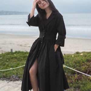Black Cotton Swing Dress with Polk-a-Dot lining and Side Pockets