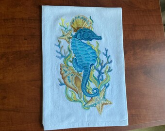 Paño de cocina de algodón con bordado de caballito de mar – Decoración de cocina costera