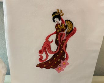 Paño de cocina bordado con flores de cerezo: diseño de mujer japonesa