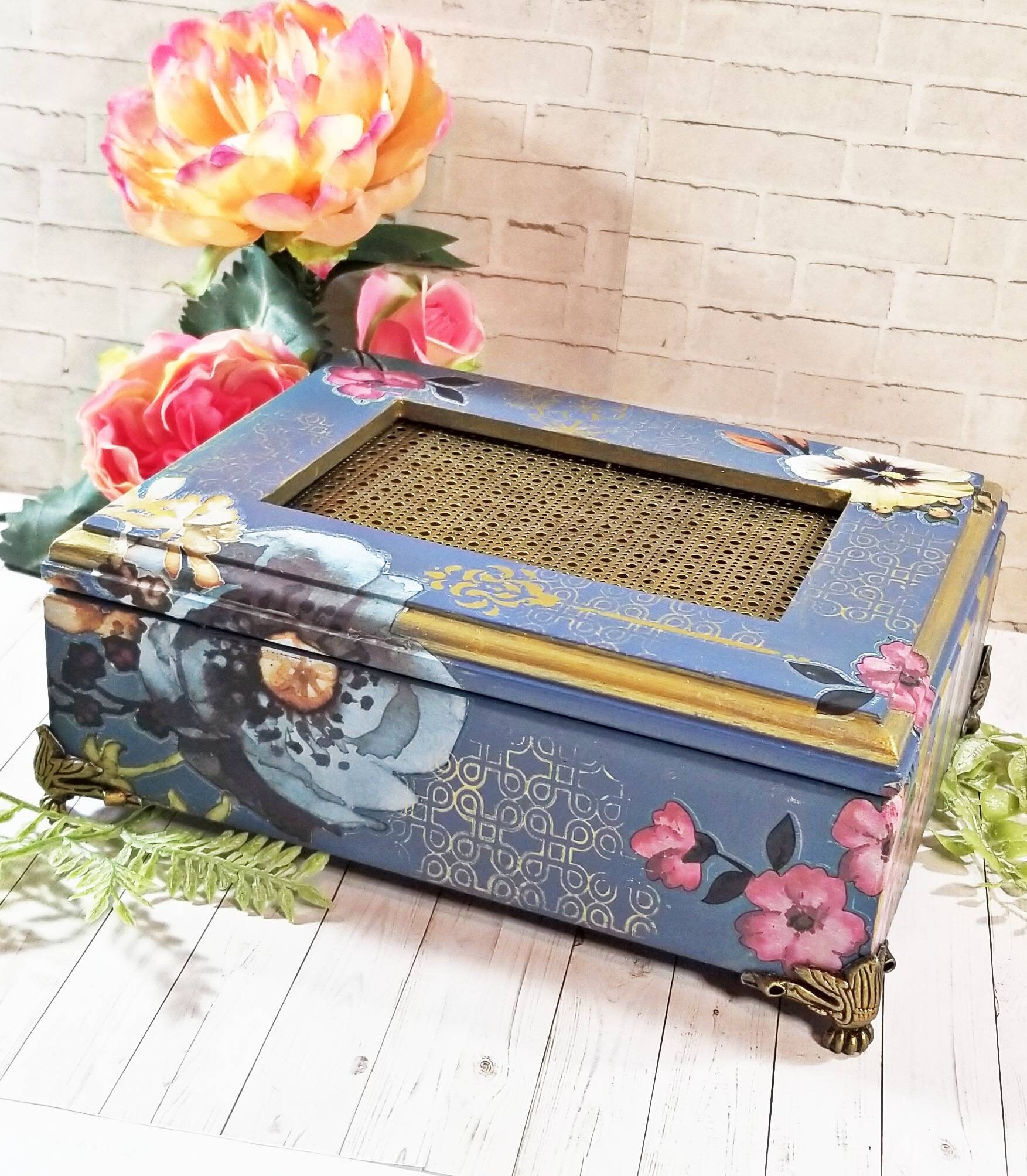 Blue floral jewelry box blue box jewelry storage table Etsy