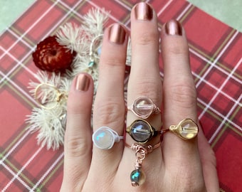 Magic Crystal Ball Ring or Stim Ring : angel aura quartz bead, single ring or set with choice of color, size & stone