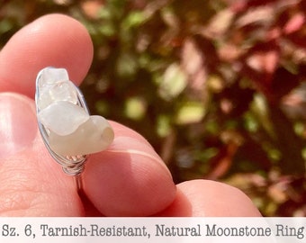Moonstone Crystal Ring, Handmade & Tarnish Resistant, Silver-Plated Copper, Real Natural Gemstones, Size 6