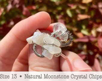 Moonstone Statement Ring, Size 13, Handmade Real Natural Crystal Jewelry, Silver Plated Copper, Tarnish Resistant Wire