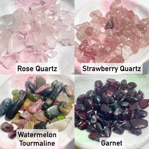 a view of our crystals: rose quartz a clear to pale pink stone, strawberry quartz a pale to deep speckled pink stone. watermelon tourmaline ranges with beautiful shades of green, pink, yellow, and more! our garnet is a deep red shade.