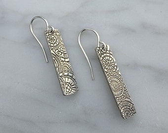 Small Mandala Bar Earrings, Fine Silver Bar Dangle Earrings