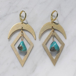 Brass Statement Earrings with Genuine Turquoise