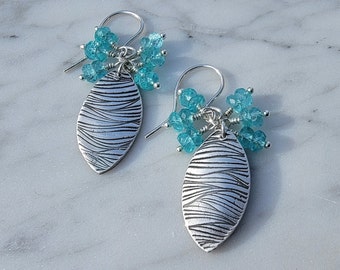 Fine Silver Wave Earrings with Apatite Gemstones, Blue Gemstone Earrings