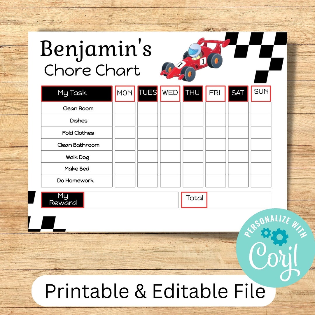 Race Car Chore Chart Printable Editable Kids Chore Chart Etsy