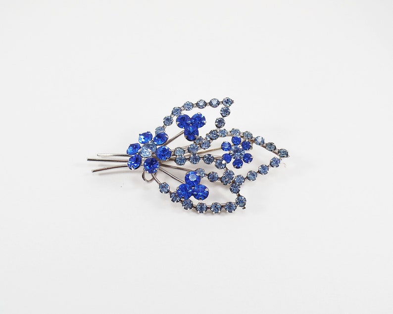 BroochClip-On Earrings Austria Shades of Blue Rhinestones Flower SET