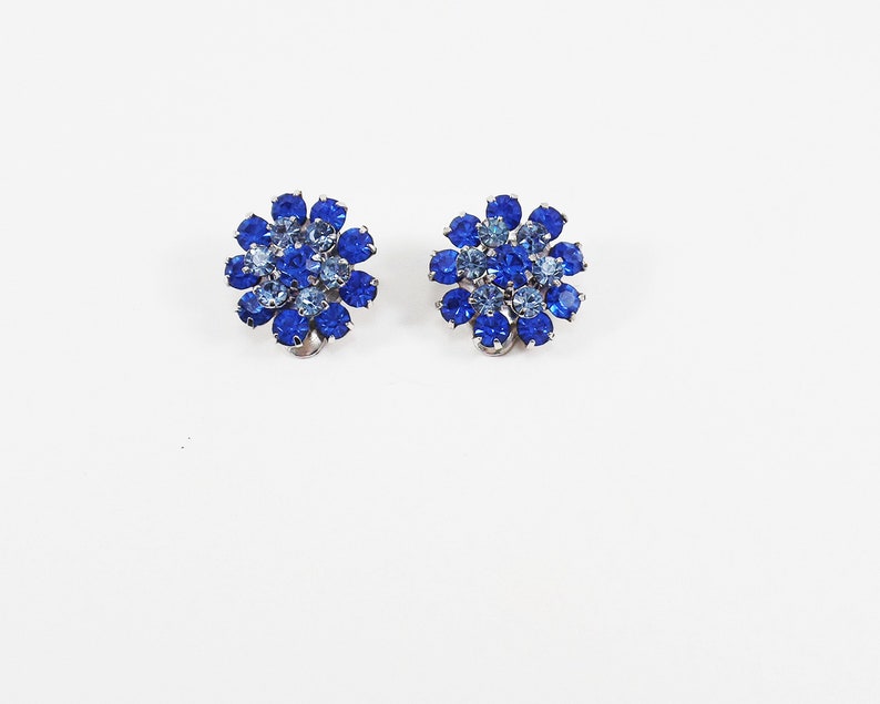 BroochClip-On Earrings Austria Shades of Blue Rhinestones Flower SET