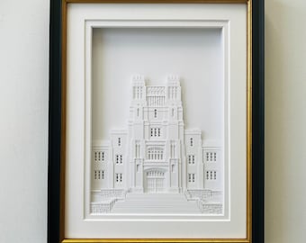 Burruss Hall, Virginia Tech, hand cut layered paper sculpture