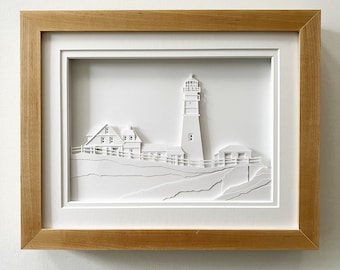 Portland Head Lighthouse - hand cut, layered paper sculpture